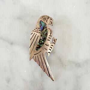 Vintage Alpaca Mexico Parrot Brooch with Abalone Shell Inlay